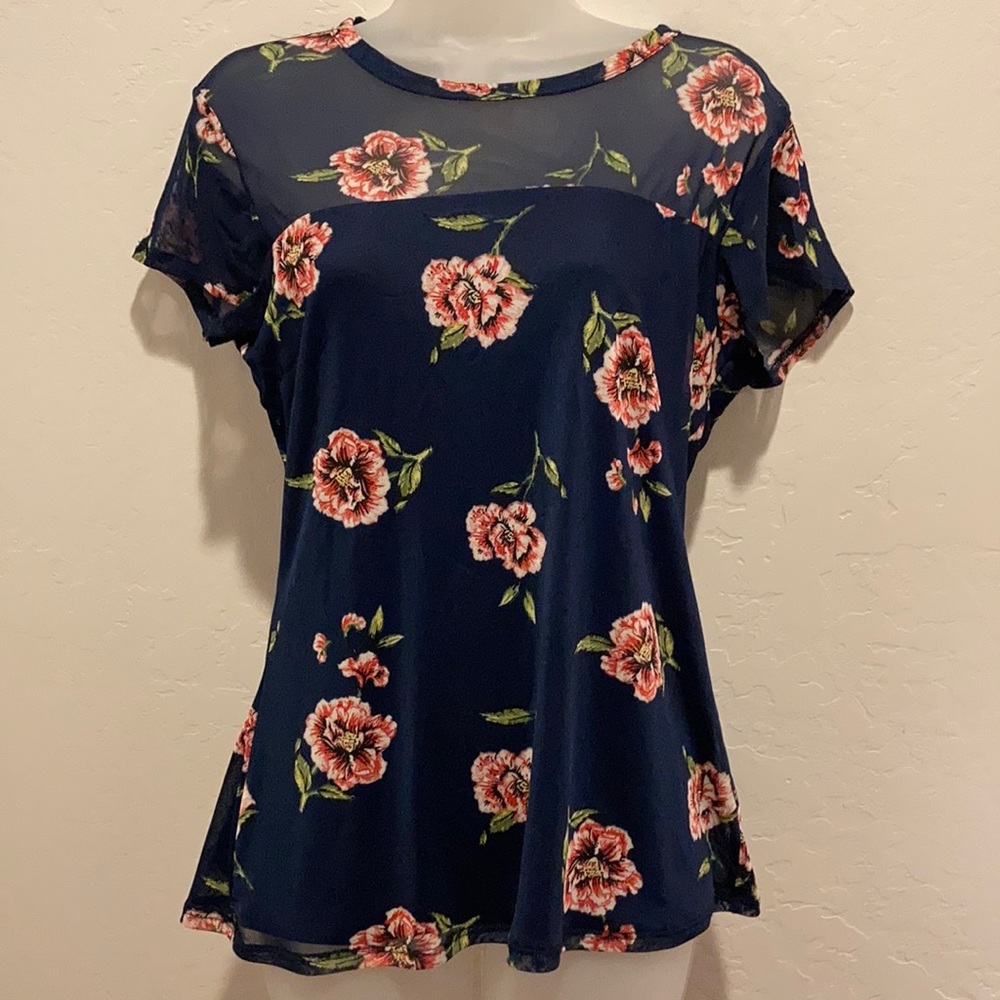 Love On Tap navy/pink floral sheer décolleté